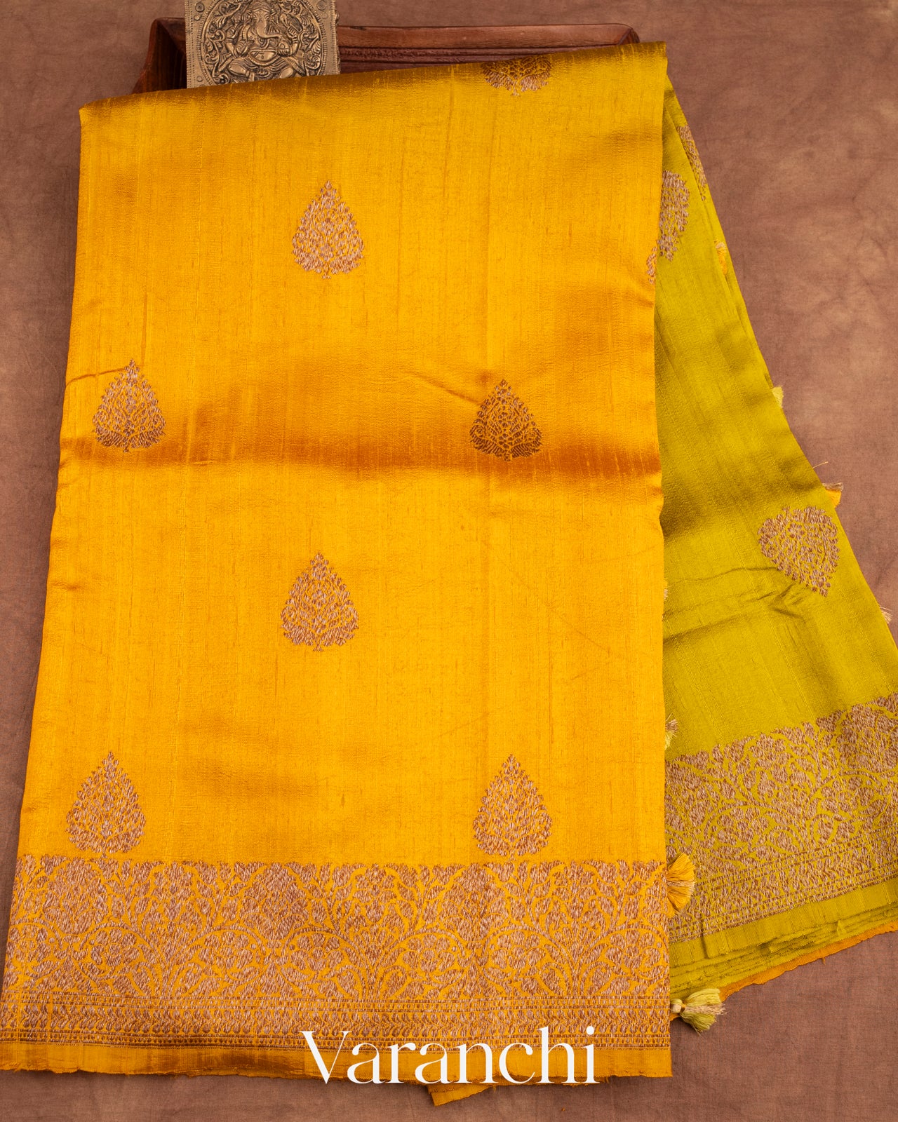 Bright Turmeric Yellow and Lime Green Ombre-Dyed Raw Silk Handloom Saree