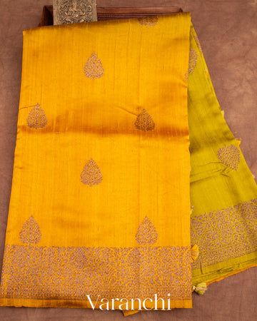 Bright Turmeric Yellow and Lime Green Ombre-Dyed Raw Silk Handloom Saree