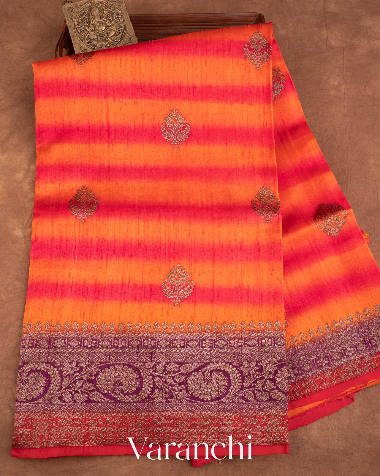 Rani Pink and Orange Shibori Pure Raw Silk Handloom Saree
