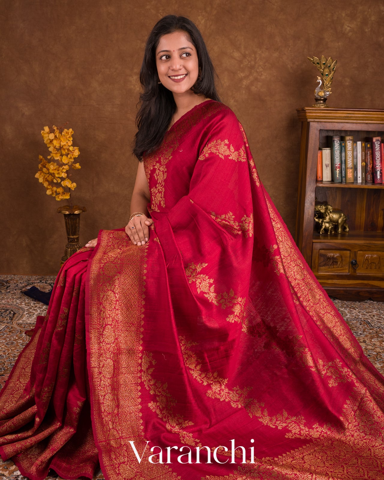 Deep Red Lehariya Pure Raw Silk Handloom Saree