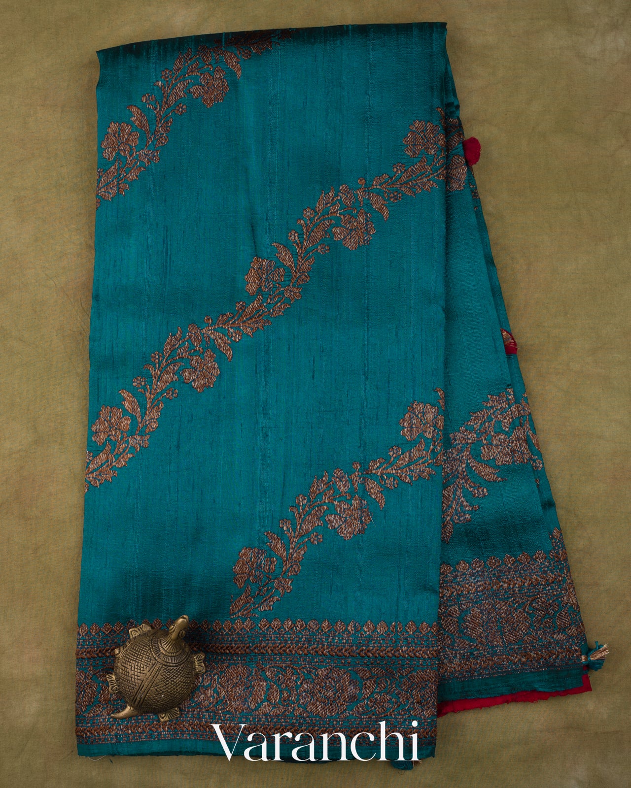 Teal Blue Lehariya Pure Raw Silk Handloom Saree