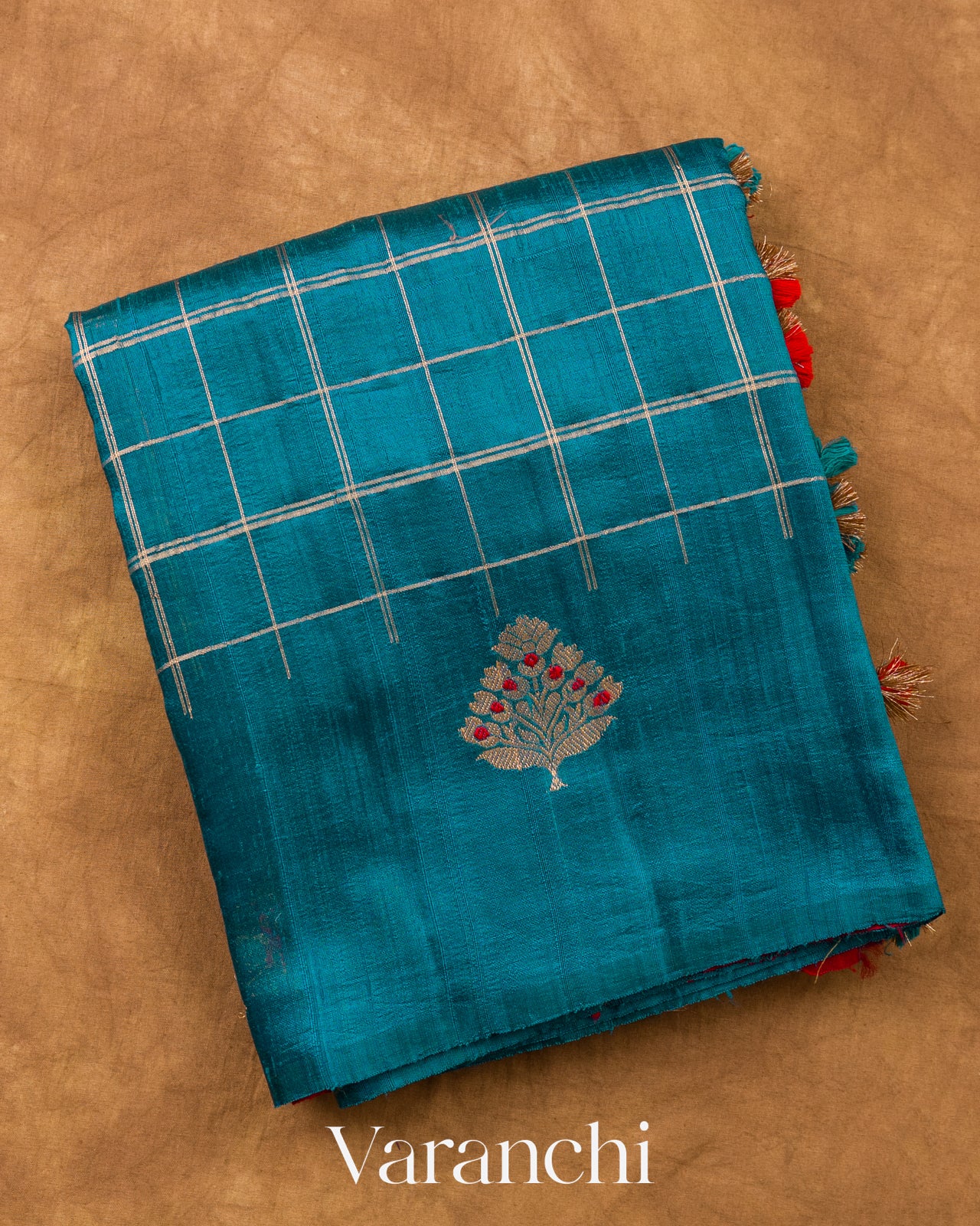 Teal Blue Checkered Pure Raw Silk Handloom Saree