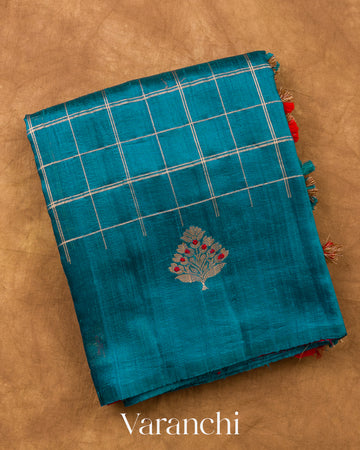 Teal Blue Checkered Pure Raw Silk Handloom Saree