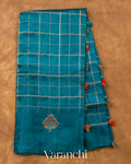 Teal Blue Checkered Pure Raw Silk Handloom Saree