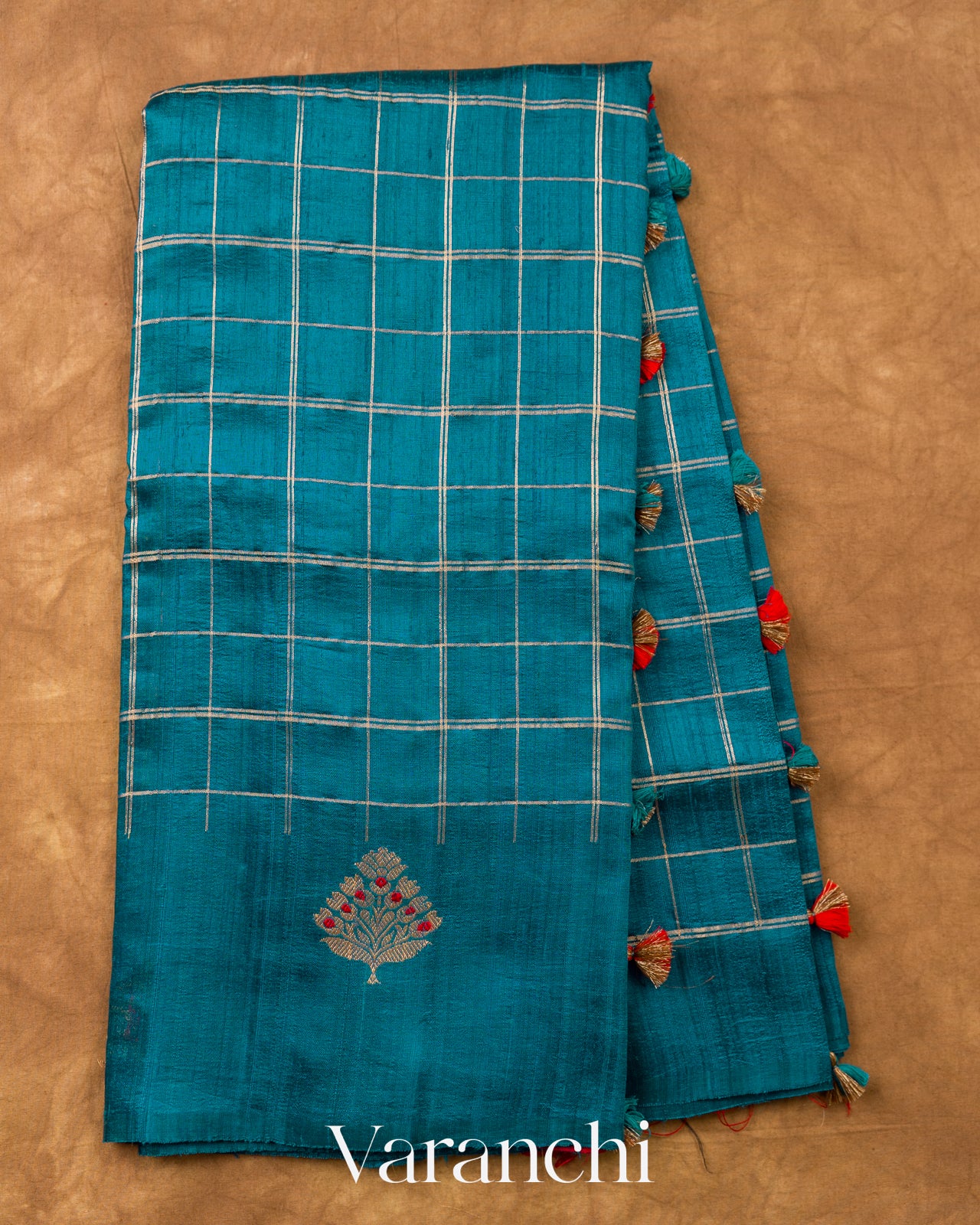 Teal Blue Checkered Pure Raw Silk Handloom Saree