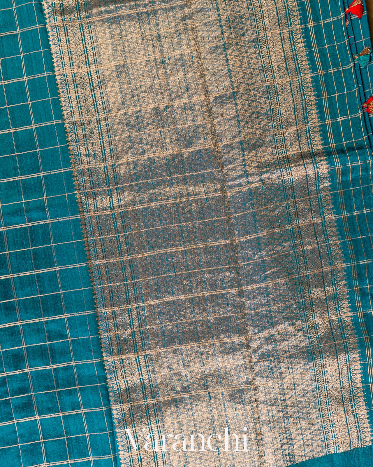 Teal Blue Checkered Pure Raw Silk Handloom Saree