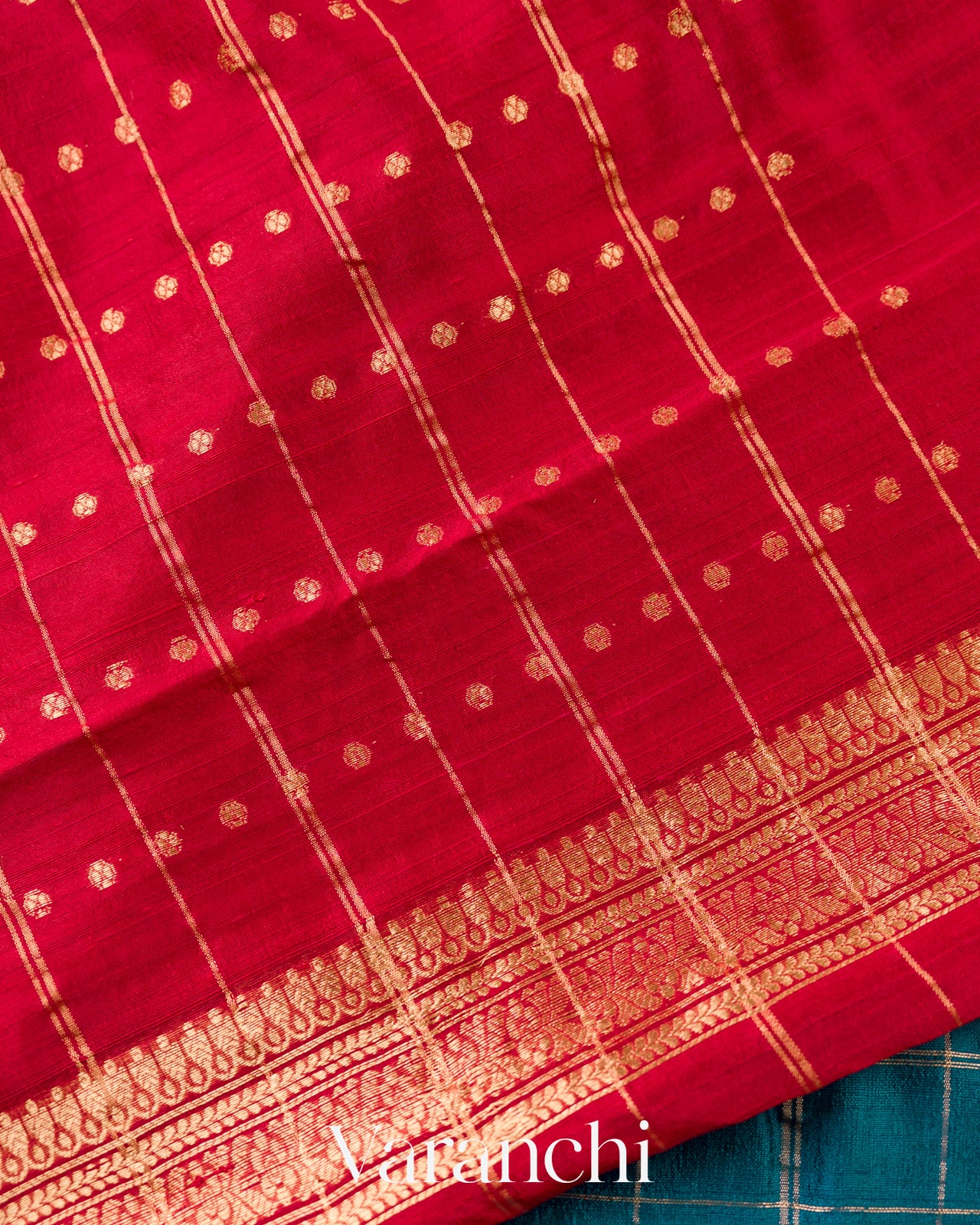 Teal Blue Checkered Pure Raw Silk Handloom Saree
