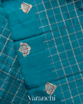 Teal Blue Checkered Pure Raw Silk Handloom Saree