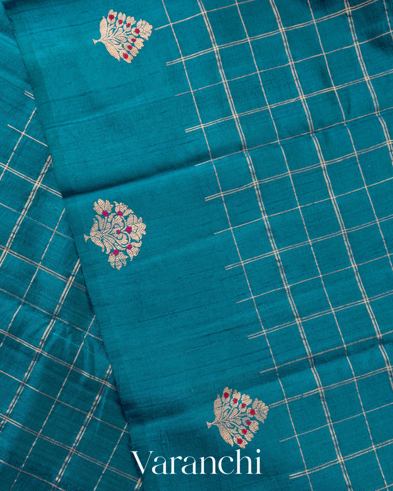 Teal Blue Checkered Pure Raw Silk Handloom Saree