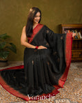 Jet Black Pure Raw Silk Handloom Saree
