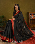 Jet Black Pure Raw Silk Handloom Saree