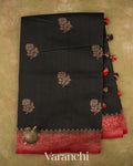 Jet Black Pure Raw Silk Handloom Saree
