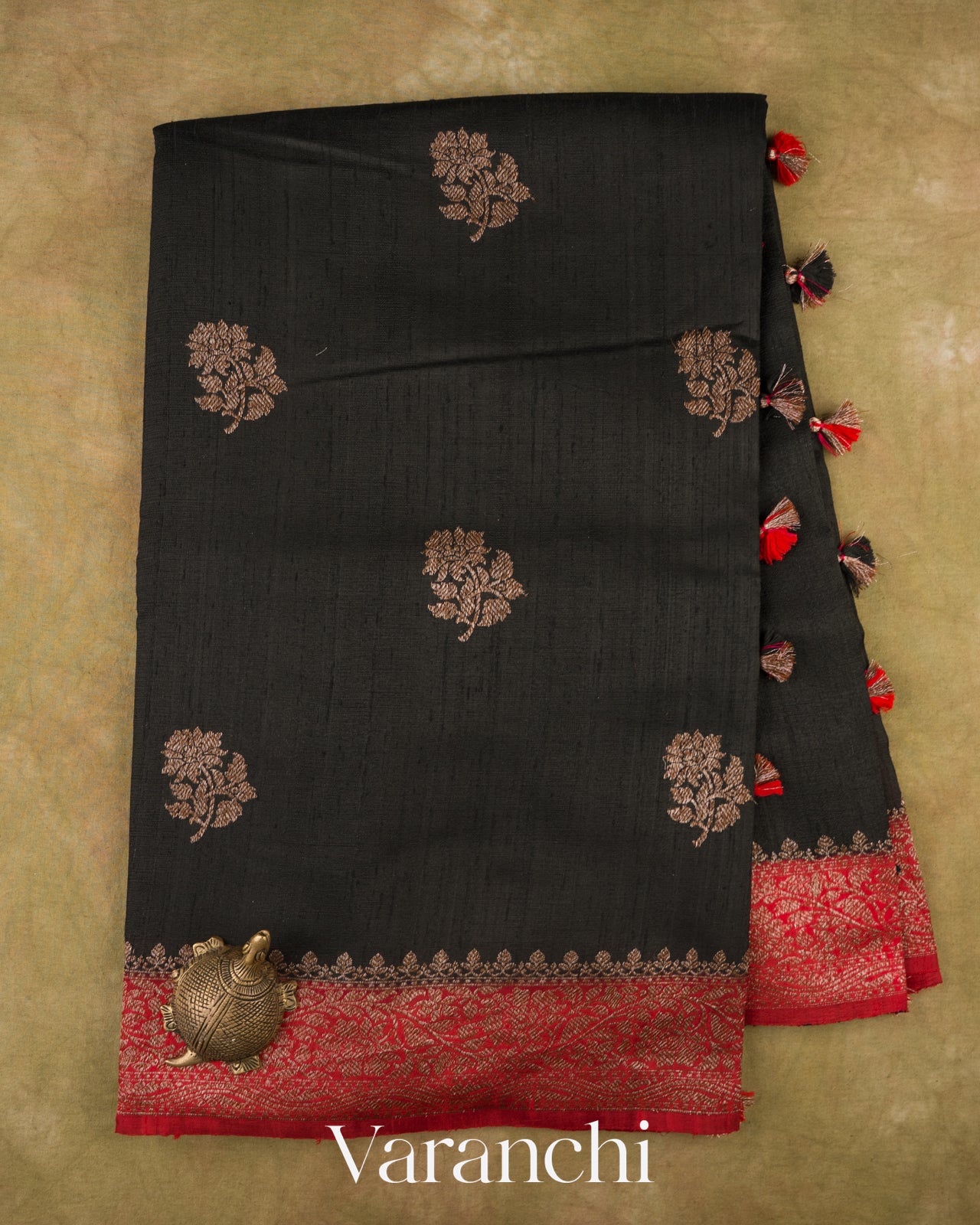 Jet Black Pure Raw Silk Handloom Saree