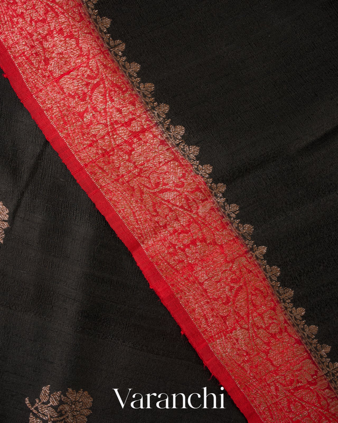 Jet Black Pure Raw Silk Handloom Saree