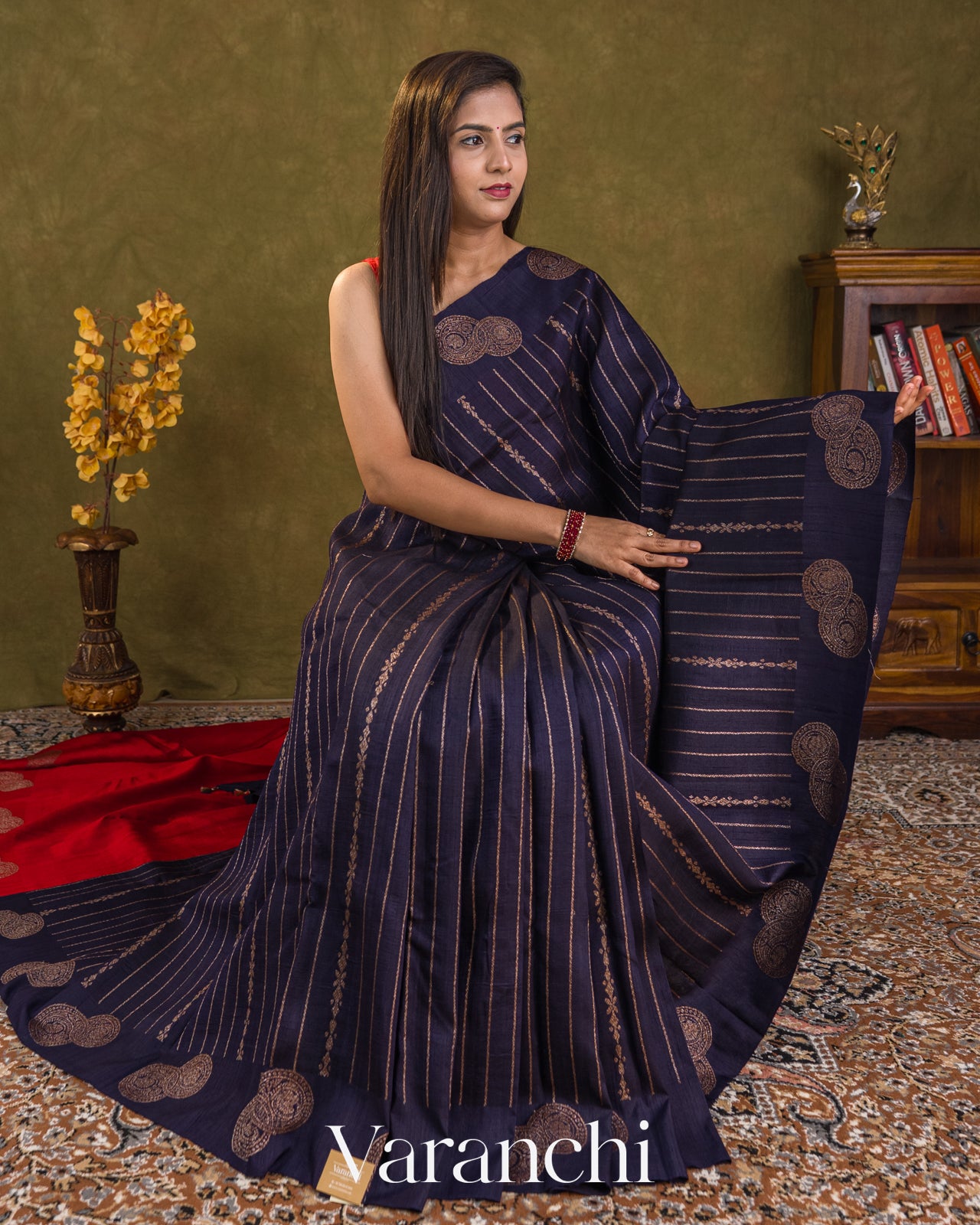 Navy Blue Striped Pure Raw Silk Handloom Saree