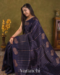 Navy Blue Striped Pure Raw Silk Handloom Saree