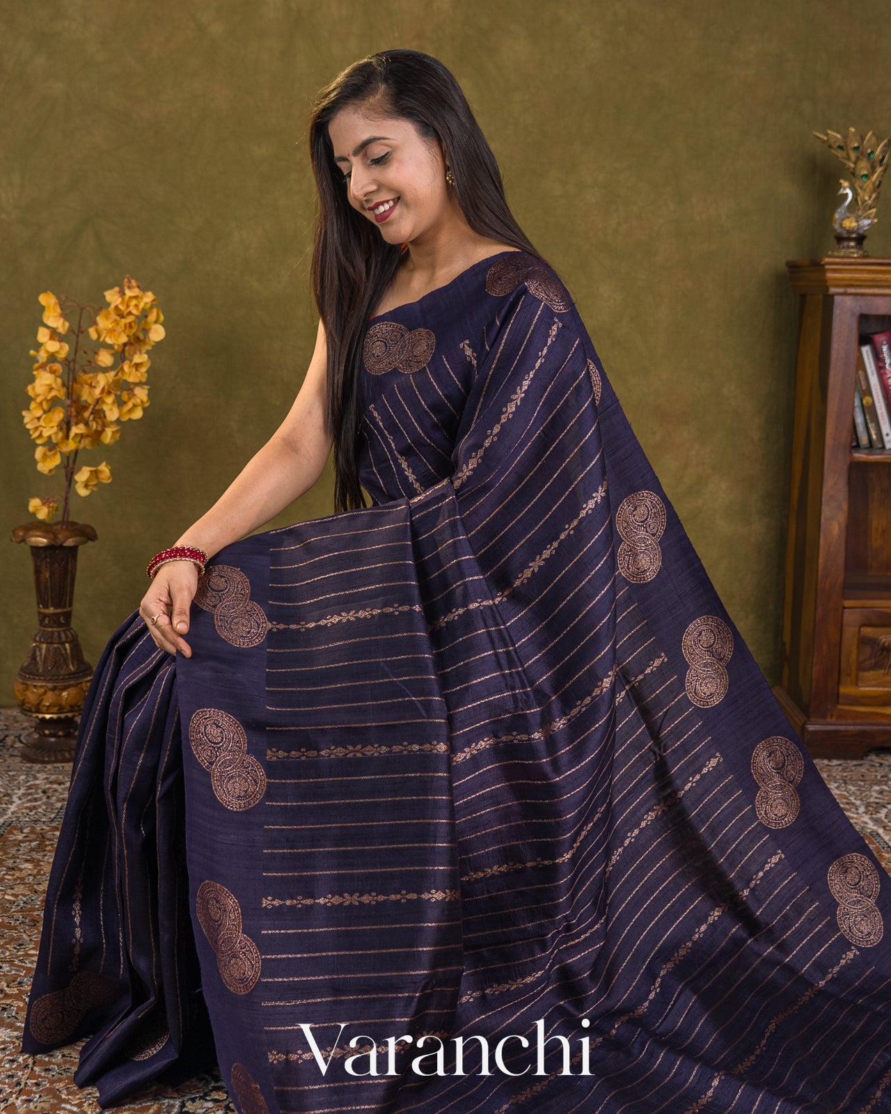 Navy Blue Striped Pure Raw Silk Handloom Saree