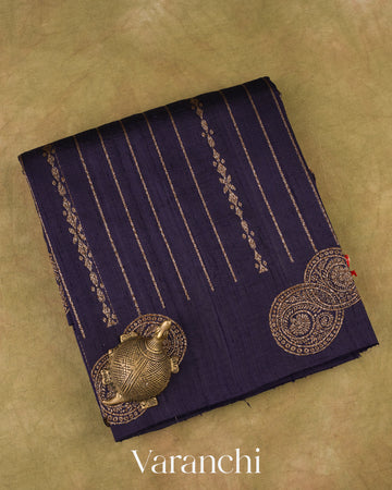 Navy Blue Striped Pure Raw Silk Handloom Saree