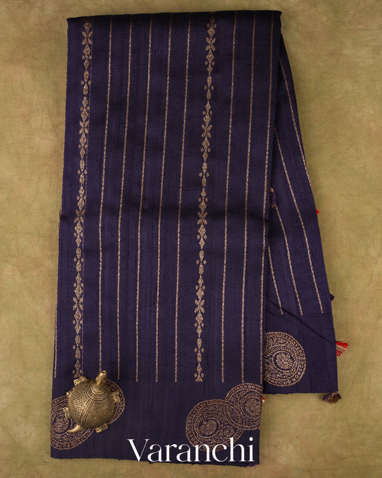 Navy Blue Striped Pure Raw Silk Handloom Saree