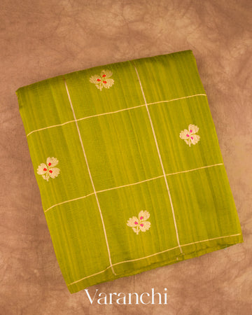 Mehandi Green Checks Pure Raw Silk Handloom Saree