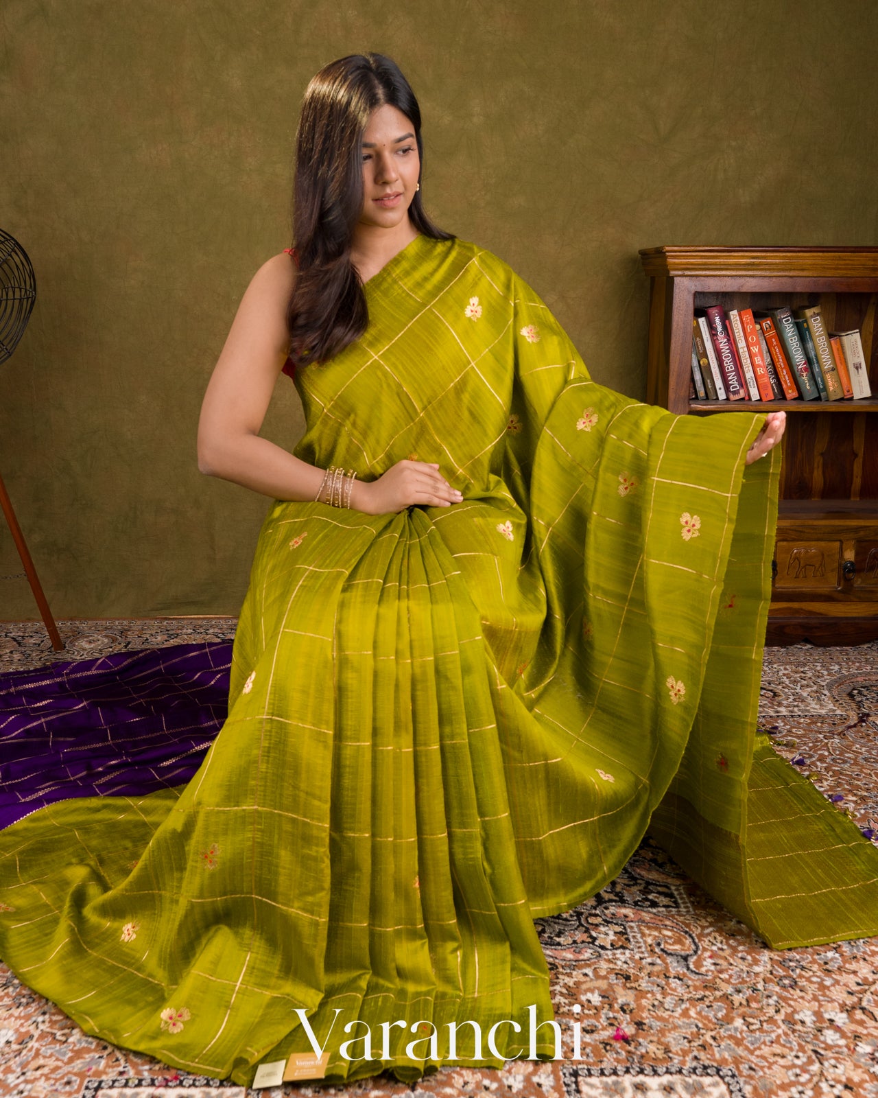 Mehandi Green Checks Pure Raw Silk Handloom Saree