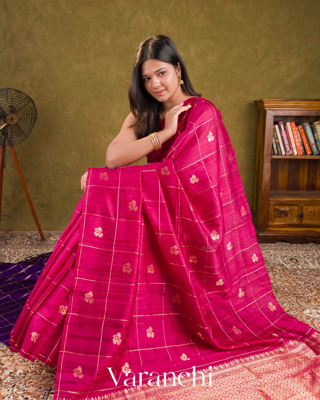 Rani Pink Checks Pure Raw Silk Handloom Saree