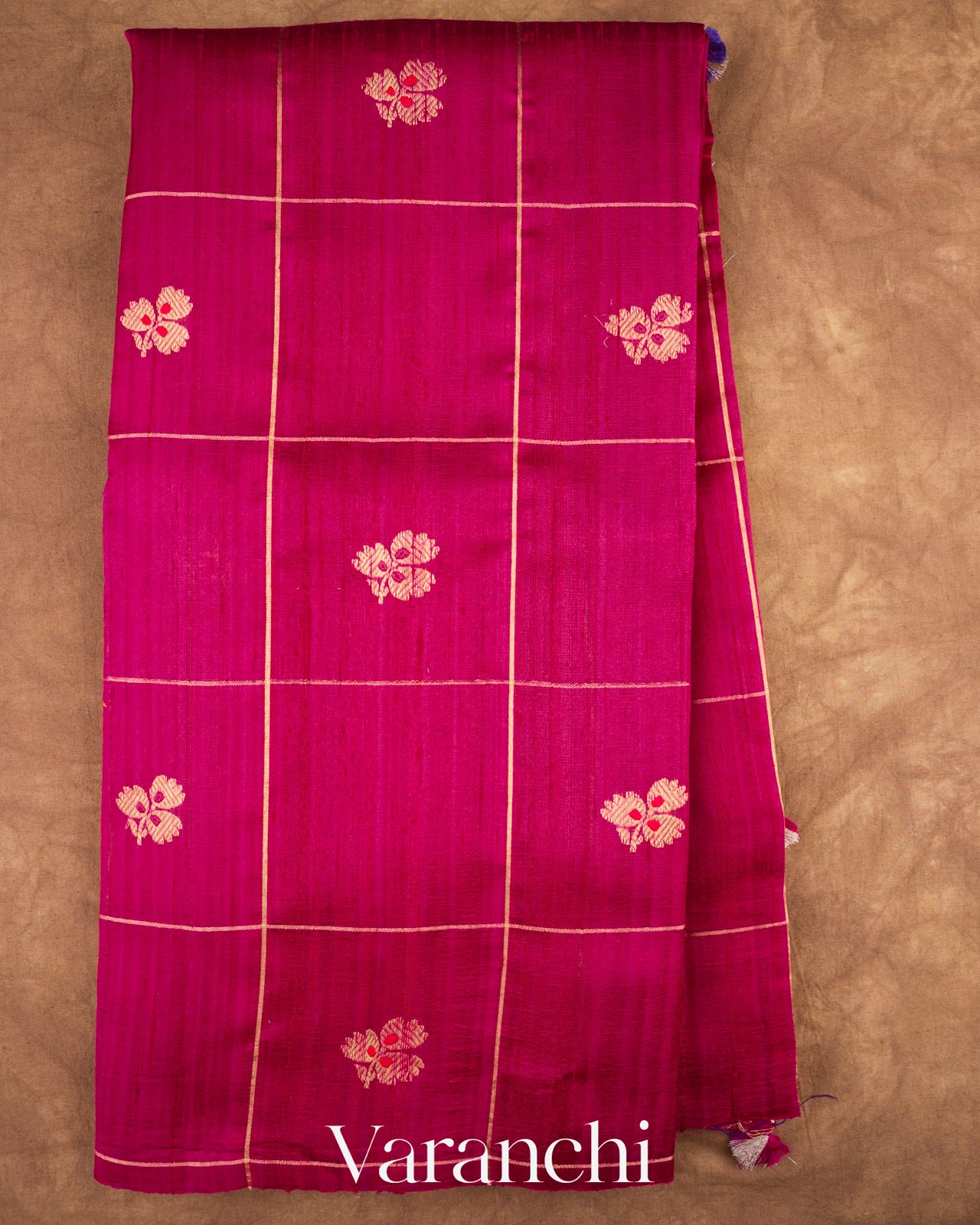 Rani Pink Checks Pure Raw Silk Handloom Saree