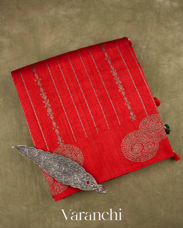 Bright Red Striped Pure Raw Silk Handloom Saree