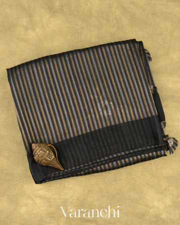 Black with Tissue Stripes Pure Raw Silk Handloom Saree