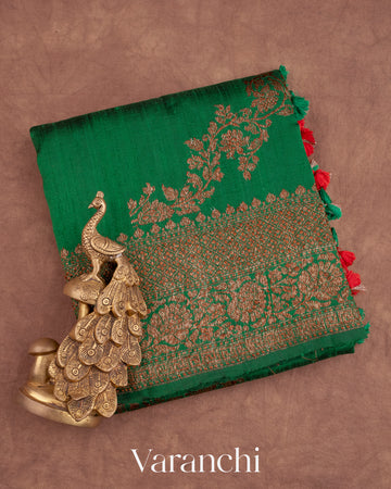 Dark Green Lehariya Pure Raw Silk Handloom Saree