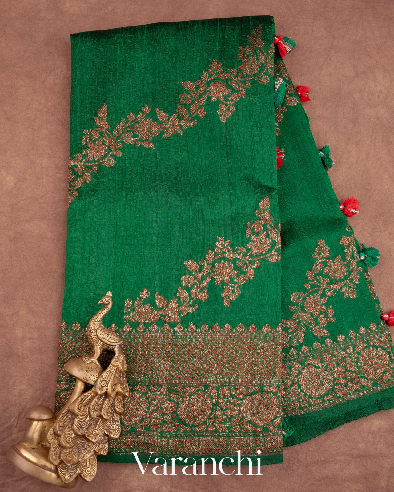 Dark Green Lehariya Pure Raw Silk Handloom Saree