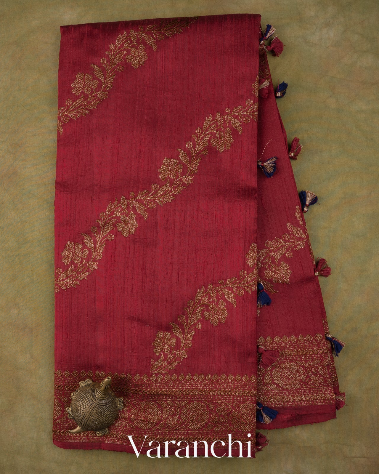 Crimson Red Lehariya Pure Raw Silk Handloom Saree