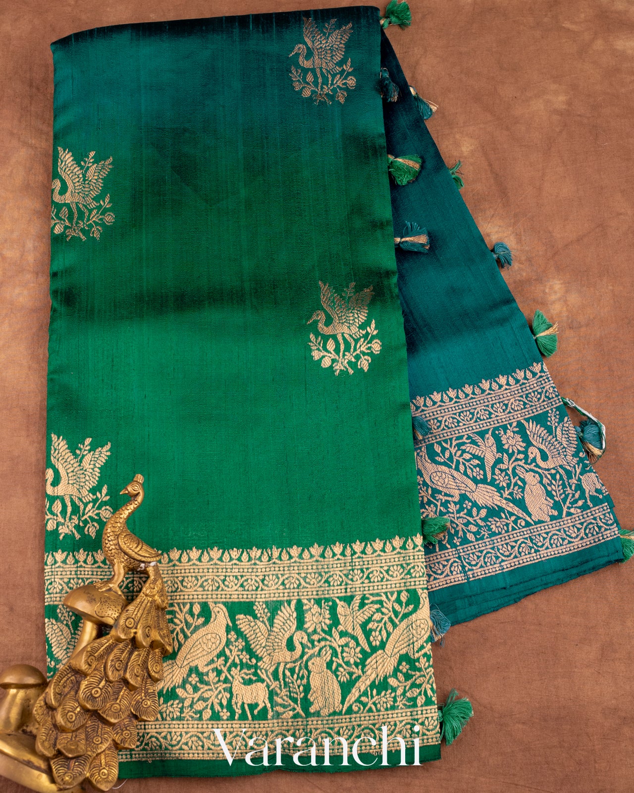 Emerald Green and Dark Teal Ombre-Dyed Raw Silk Handloom Saree