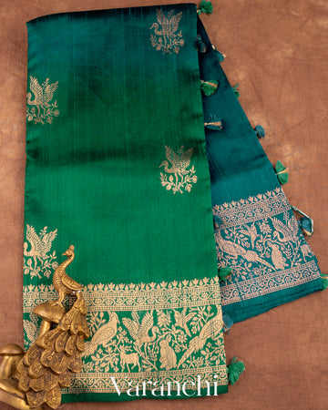 Emerald Green and Dark Teal Ombre-Dyed Raw Silk Handloom Saree