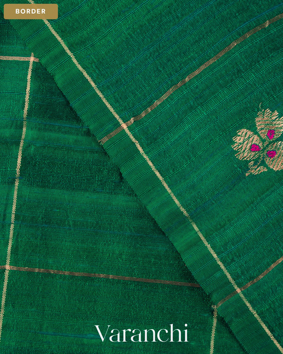 Rama Green Checkered Pure Raw Silk Handloom Saree — Border