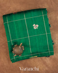 Rama Green Checkered Pure Raw Silk Handloom Saree — Folded