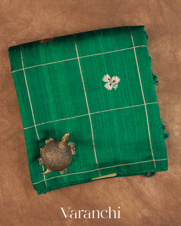 Rama Green Checkered Pure Raw Silk Handloom Saree — Folded