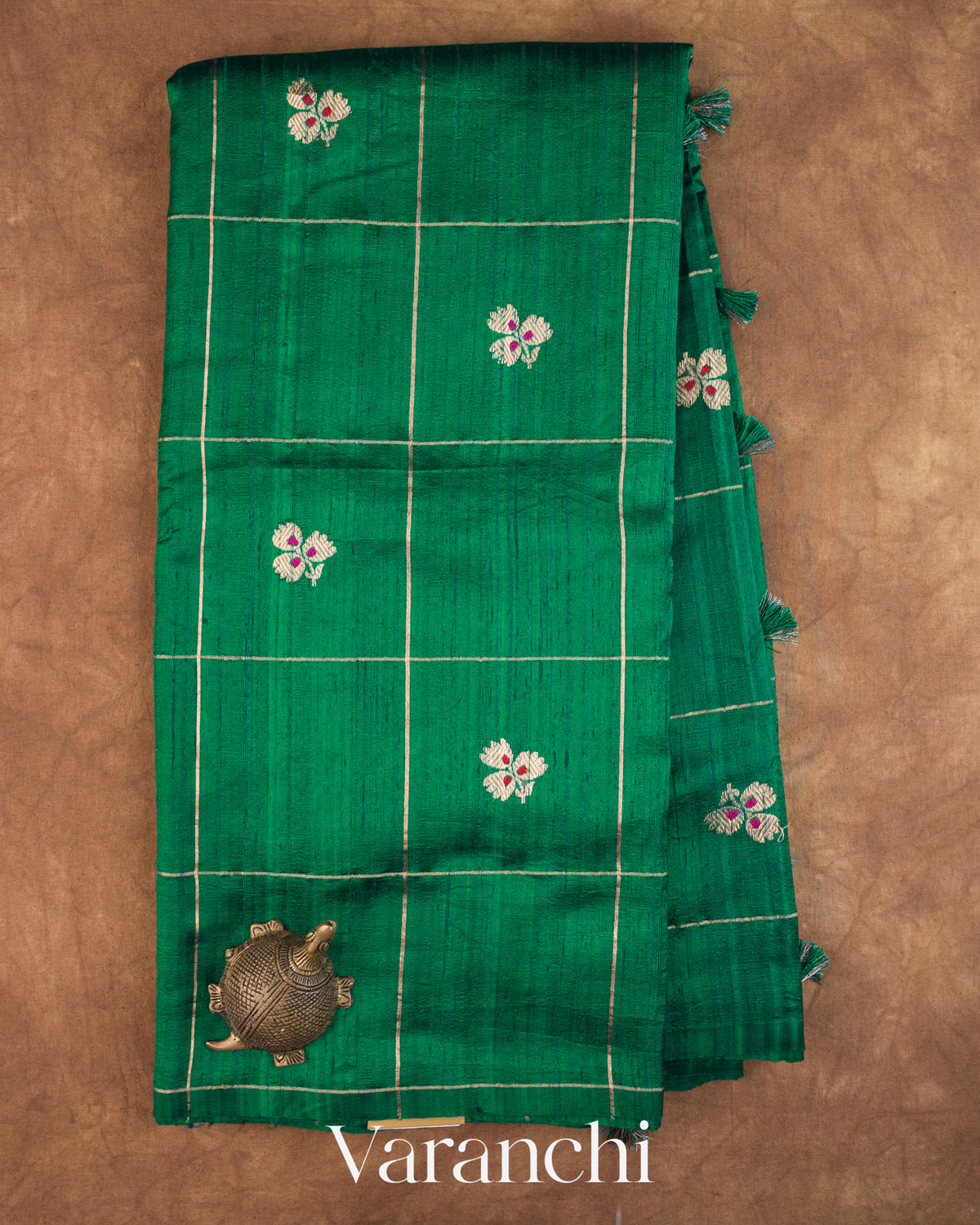 Rama Green Checkered Pure Raw Silk Handloom Saree — Full Saree