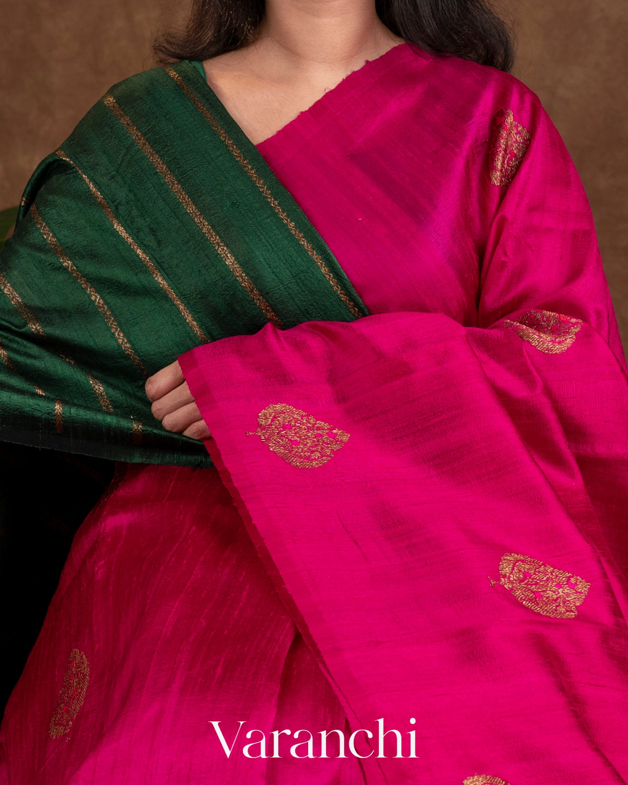 Rani Pink Raw Silk Handloom borderless Saree