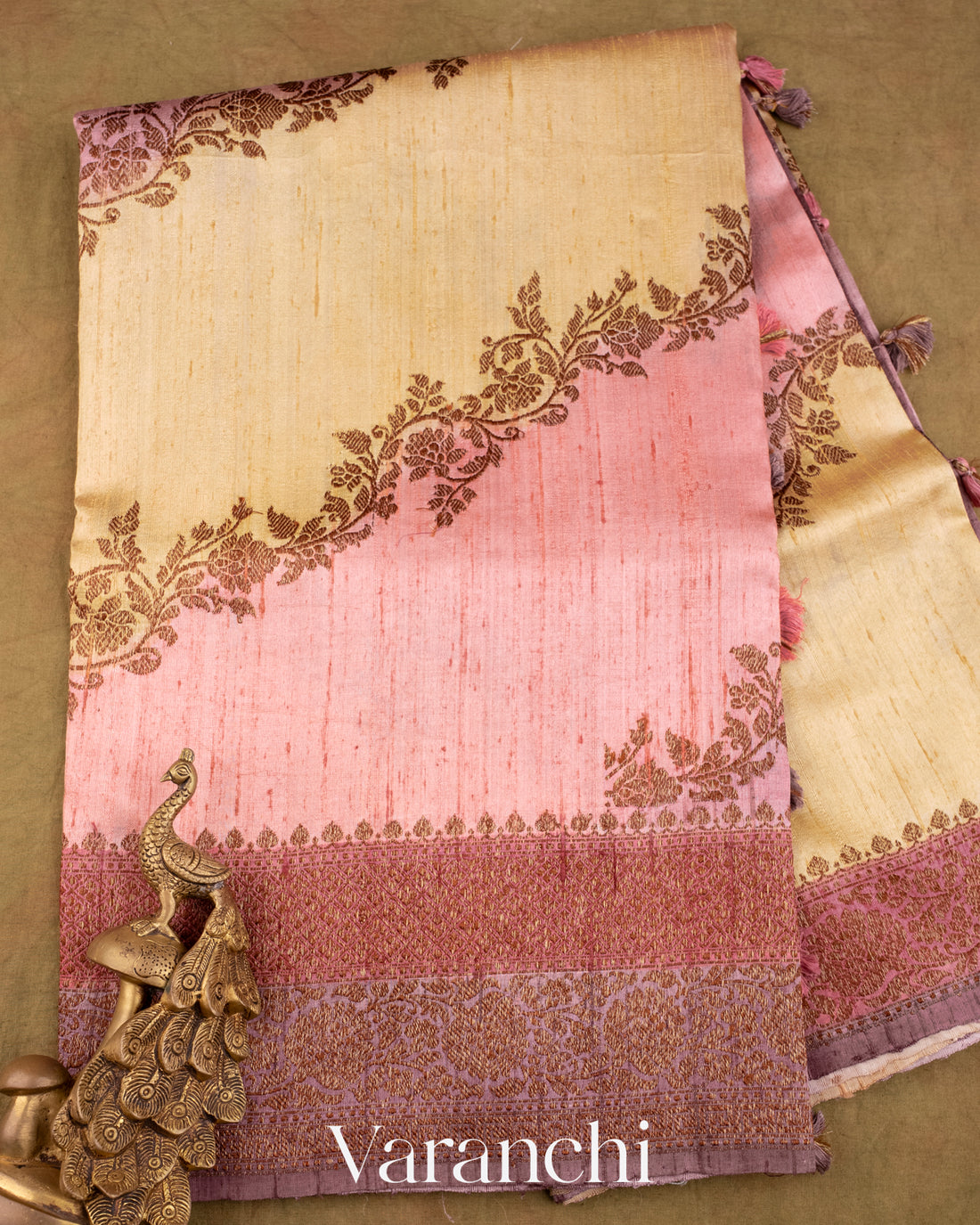 Lilac and Yellow Tricolour Rangkaat Pure Raw Silk Handloom Saree