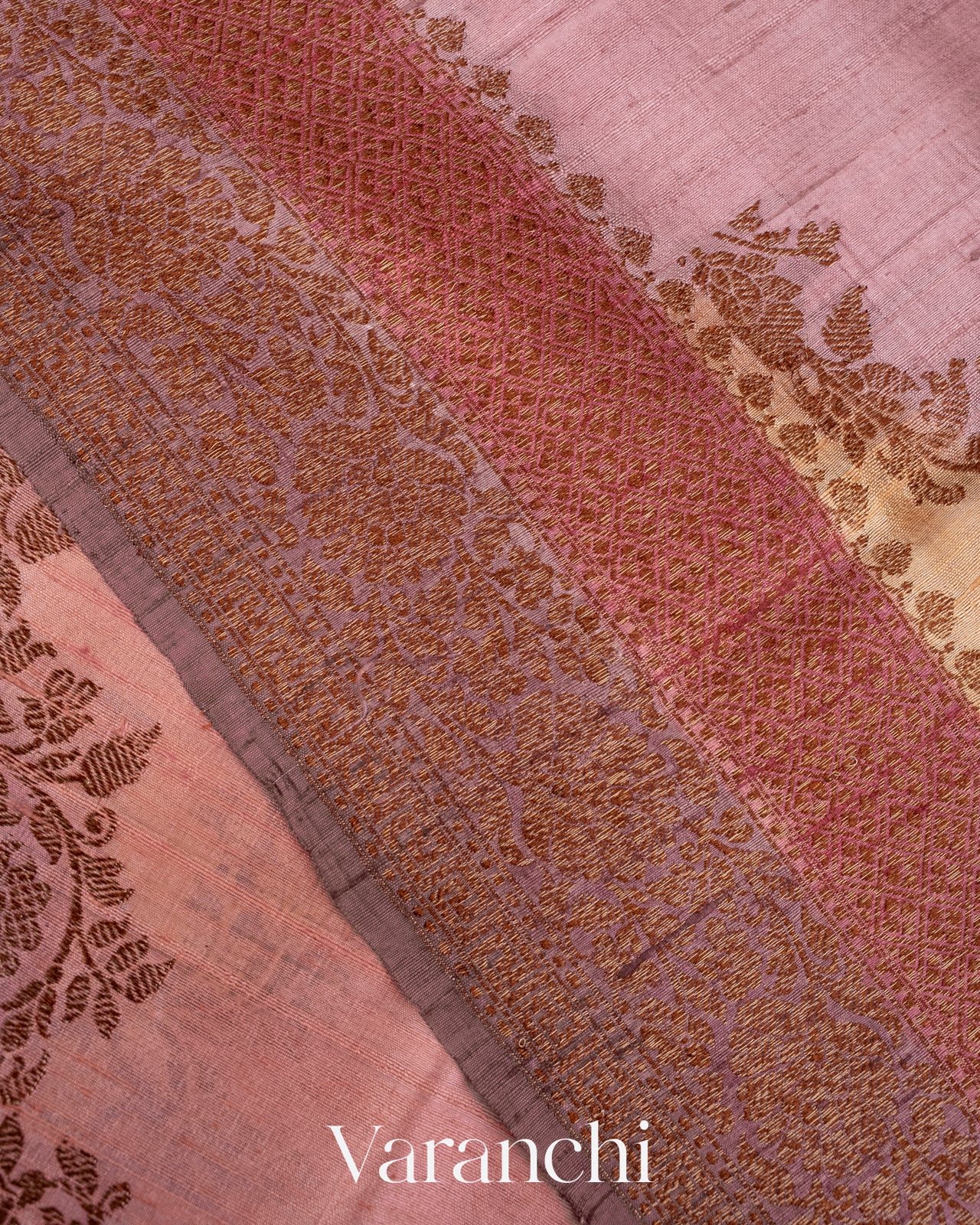 Lilac and Yellow Tricolour Rangkaat Pure Raw Silk Handloom Saree