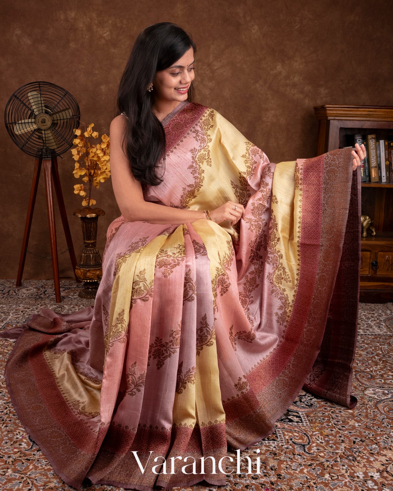 Lilac and Yellow Tricolour Rangkaat Pure Raw Silk Handloom Saree