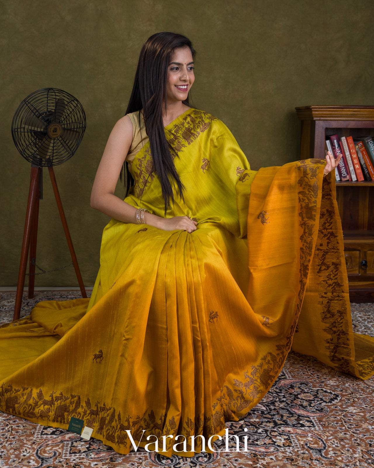 Lime Yellow And Mustard Yellow Ombre-Dyed Pure Raw Silk Handloom Saree