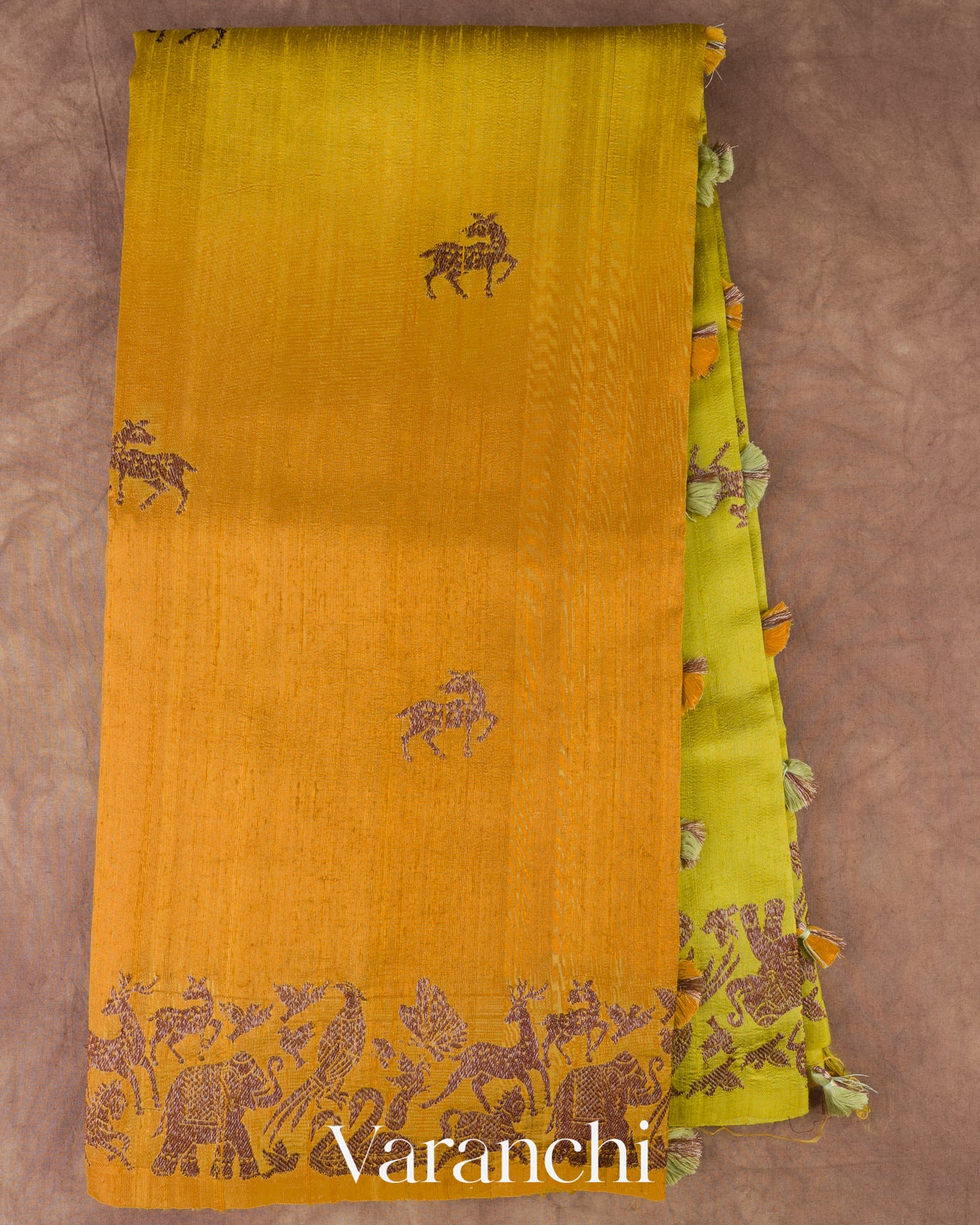 Lime Yellow And Mustard Yellow Ombre-Dyed Pure Raw Silk Handloom Saree