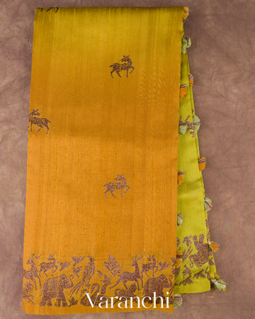 Lime Yellow And Mustard Yellow Ombre-Dyed Pure Raw Silk Handloom Saree