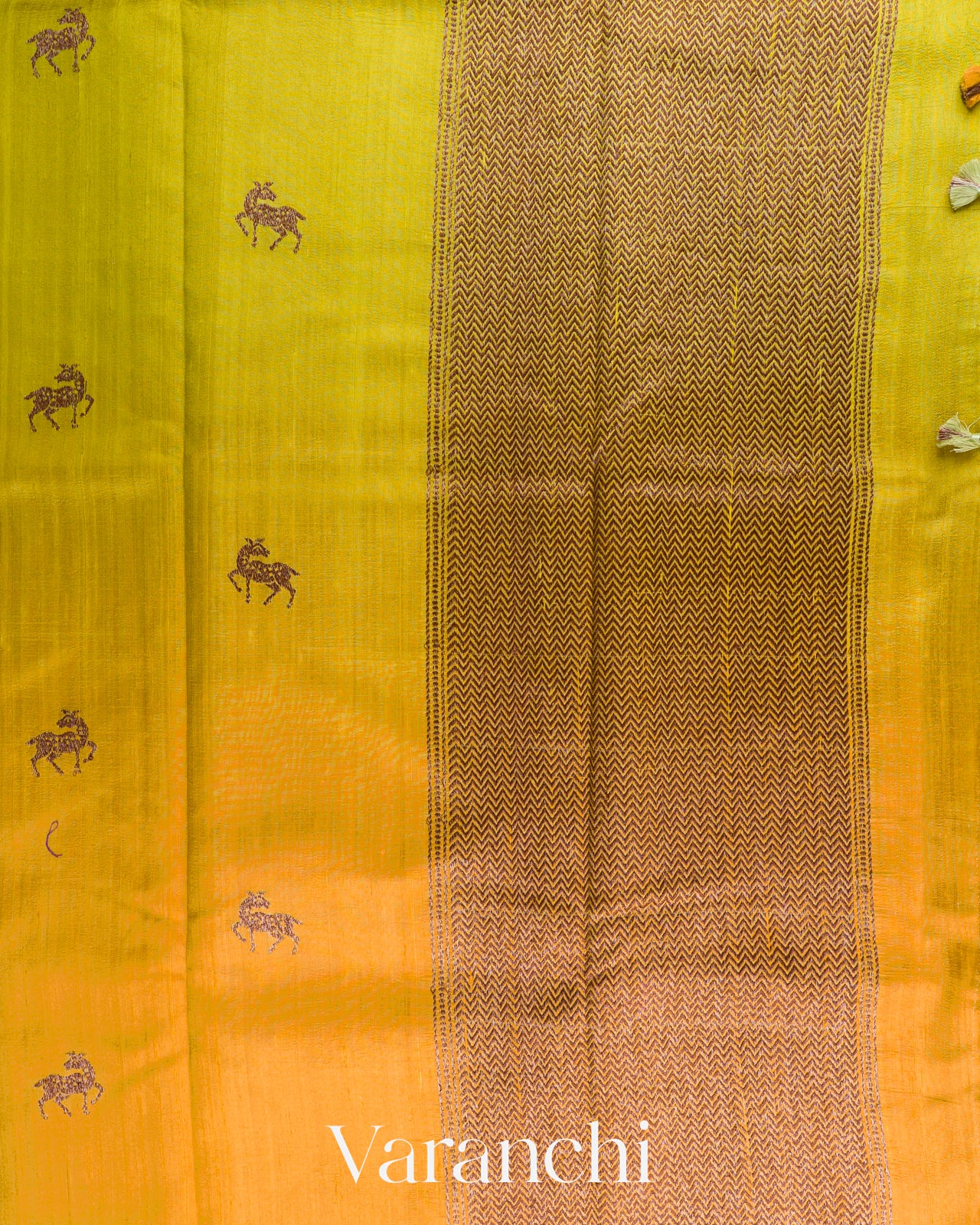 Lime Yellow And Mustard Yellow Ombre-Dyed Pure Raw Silk Handloom Saree