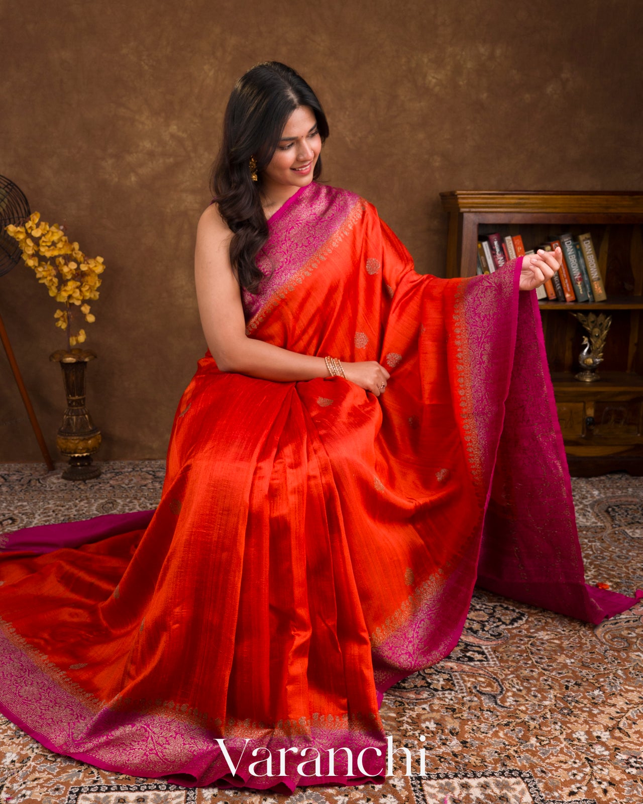 Bright Orange Pure Raw Silk Handloom Saree