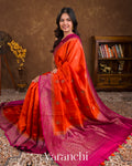 Bright Orange Pure Raw Silk Handloom Saree