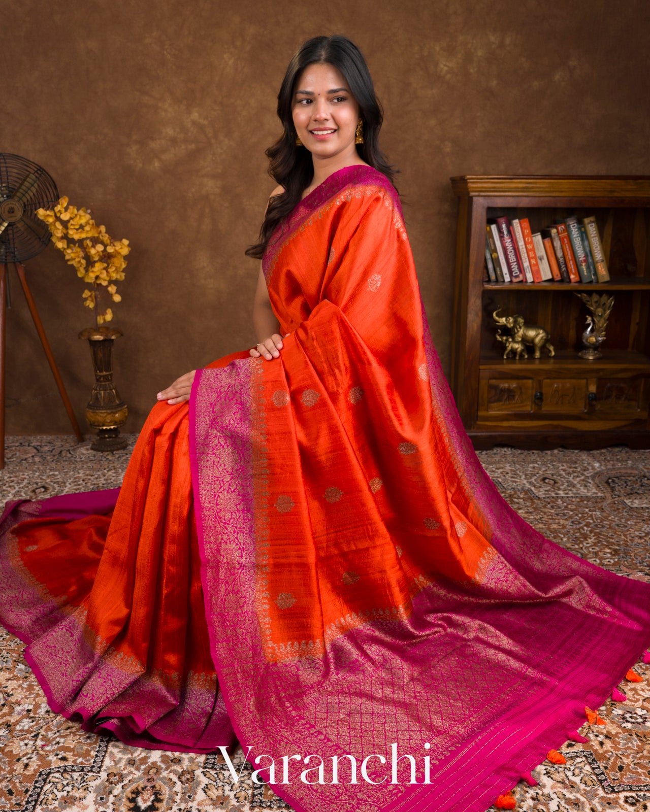 Bright Orange Pure Raw Silk Handloom Saree