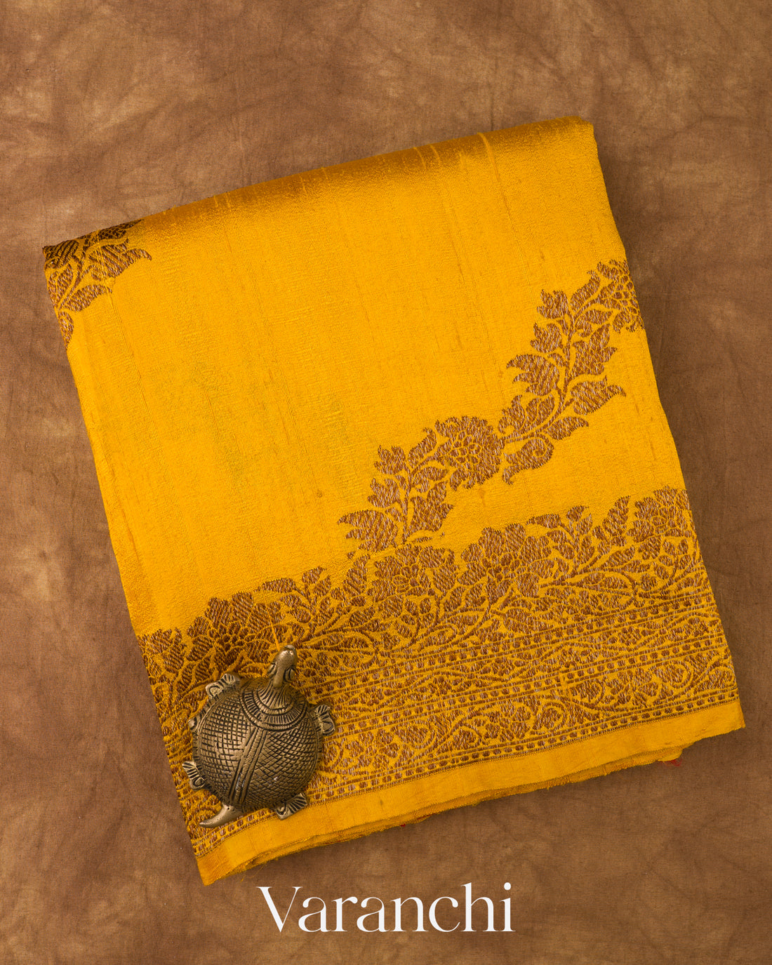 Turmeric Yellow Lehariya Pure Raw Silk Handloom Saree